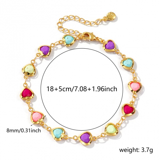 Изображение 1 Piece Sweet & Cute Exquisite 18K Gold Plated Multicolor Brass & Glass Handmade Link Chain Heart Bracelets For Women Gift 18cm(7.1") long
