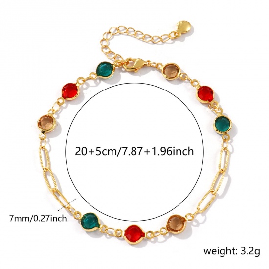 Изображение 1 Piece Sweet & Cute Exquisite 18K Gold Plated Multicolor Brass & Glass Handmade Link Chain Round Bracelets For Women Gift 20cm(7.9") long