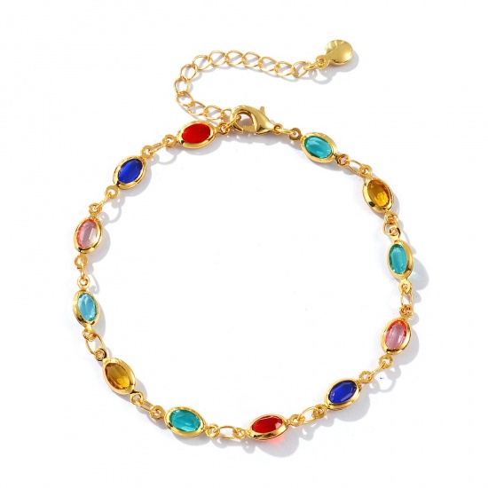 Изображение 1 Piece Sweet & Cute Exquisite 18K Gold Plated Multicolor Brass & Glass Handmade Link Chain Oval Bracelets For Women Gift 18cm(7.1") long