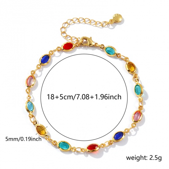 Изображение 1 Piece Sweet & Cute Exquisite 18K Gold Plated Multicolor Brass & Glass Handmade Link Chain Oval Bracelets For Women Gift 18cm(7.1") long