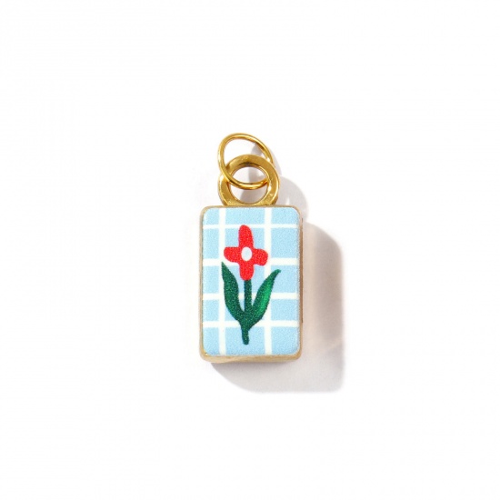 Picture of 2 PCs Eco-friendly PVD Vacuum Plating Waterproof Anti-Tarnish Hypoallergenic 304 Stainless Steel Charms 18K Real Gold Plated Multicolor Rectangle Flower Printed 24mm x 10mm