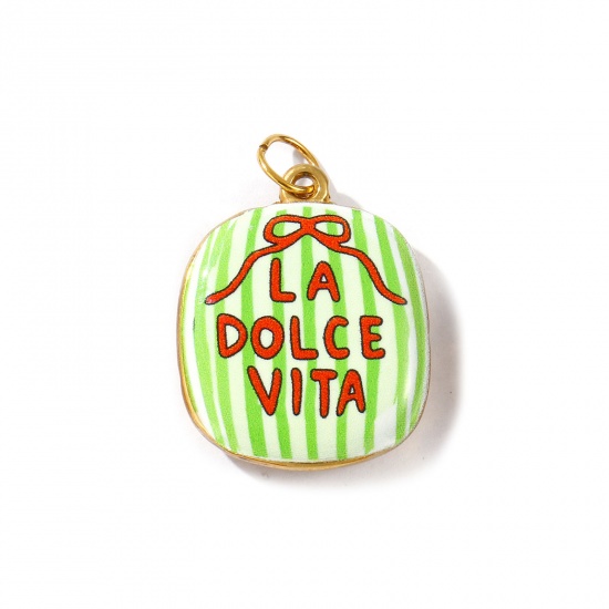 Picture of 2 PCs Eco-friendly PVD Vacuum Plating Waterproof Anti-Tarnish Hypoallergenic 304 Stainless Steel Pendants 18K Real Gold Plated Green Quadrilateral Bowknot Message " La Dolce Vita " Printed 3cm x 2.1cm