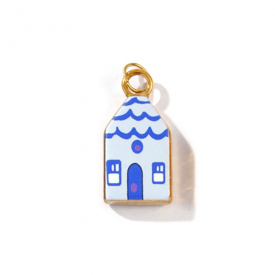 Picture of 2 PCs Eco-friendly PVD Vacuum Plating Waterproof Anti-Tarnish Hypoallergenic 304 Stainless Steel Charms 18K Real Gold Plated Dark Blue House Printed 29mm x 12mm