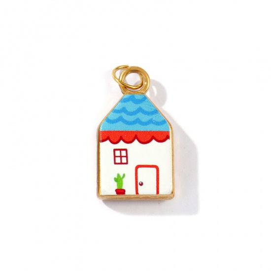 Picture of 2 PCs Eco-friendly PVD Vacuum Plating Waterproof Anti-Tarnish Hypoallergenic 304 Stainless Steel Charms 18K Real Gold Plated Multicolor House Printed 29mm x 14mm