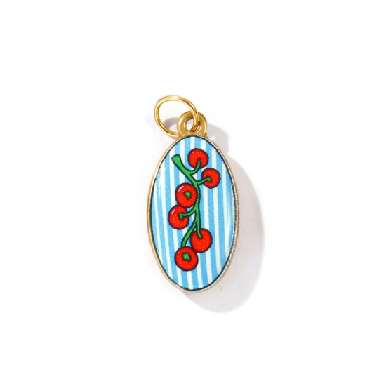 Picture of 2 PCs Eco-friendly PVD Vacuum Plating Waterproof Anti-Tarnish Hypoallergenic 304 Stainless Steel Charms 18K Real Gold Plated Multicolor Oval Printed 27mm x 12mm