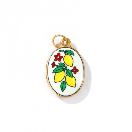 Picture of 2 PCs Eco-friendly PVD Vacuum Plating Waterproof Anti-Tarnish Hypoallergenic 304 Stainless Steel Charms 18K Real Gold Plated Multicolor Oval Lemon Printed 27mm x 15mm