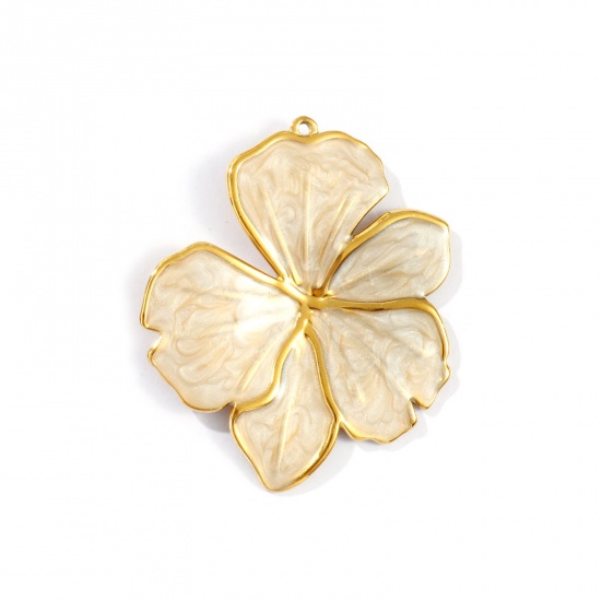 Picture of 1 Piece Eco-friendly PVD Vacuum Plating Waterproof Anti-Tarnish Hypoallergenic 304 Stainless Steel Flora Collection Pendants 18K Real Gold Plated Beige Enamel Flower Pearlized 5.6cm x 4.6cm