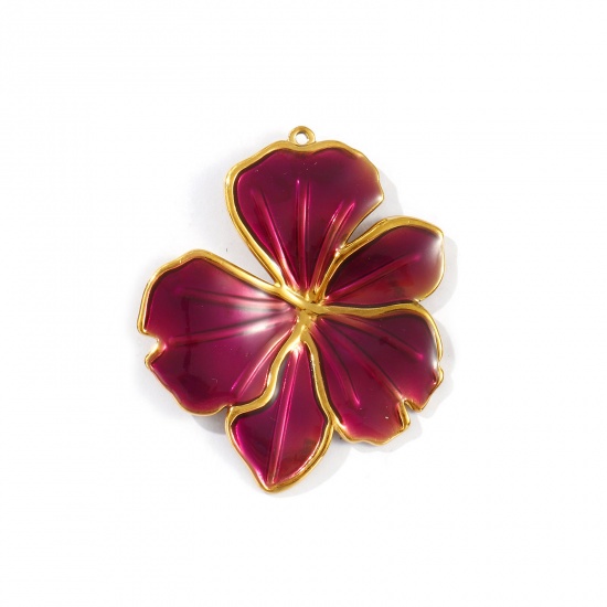 Picture of 1 Piece Eco-friendly PVD Vacuum Plating Waterproof Anti-Tarnish Hypoallergenic 304 Stainless Steel Flora Collection Pendants 18K Real Gold Plated Purple Enamel Flower 5.6cm x 4.6cm