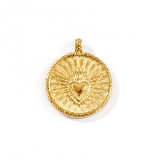 Picture of 1 Piece Eco-friendly PVD Vacuum Plating Waterproof Anti-Tarnish Hypoallergenic 304 Stainless Steel Religious Charms 18K Real Gold Plated Round Disc Ex Voto Heart 22mm x 18mm