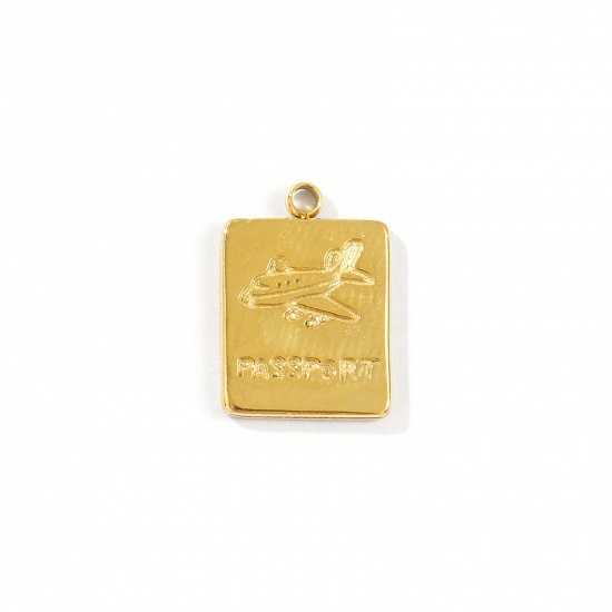 Picture of 1 Piece Eco-friendly PVD Vacuum Plating Waterproof Anti-Tarnish Hypoallergenic 304 Stainless Steel Travel Charms 18K Real Gold Plated Passport Airplane 15mm x 11mm