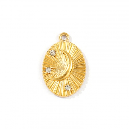 Imagen de 1 Unidad Recubrimiento al Vacío PVD Ecológico Impermeable Antioxidante Hipoalergénico 304 Acero Inoxidable Galaxia Colgantes 18K Oro Real Chapado Óvalo Luna Micro Pave Claro Circón Artificial 23mm x 15.5mm