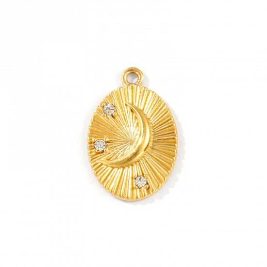 Picture of 1 Piece Eco-friendly PVD Vacuum Plating Waterproof Anti-Tarnish Hypoallergenic 304 Stainless Steel Galaxy Charms 18K Real Gold Plated Oval Moon Micro Pave Clear Cubic Zirconia 23mm x 15.5mm