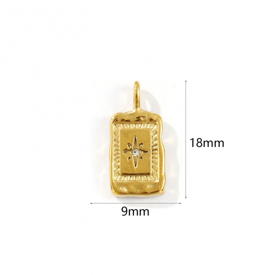 Picture of 1 Piece Eco-friendly PVD Vacuum Plating Waterproof Anti-Tarnish Hypoallergenic 304 Stainless Steel Galaxy Charms 18K Real Gold Plated Rectangle Star Micro Pave Clear Cubic Zirconia 18mm x 9mm