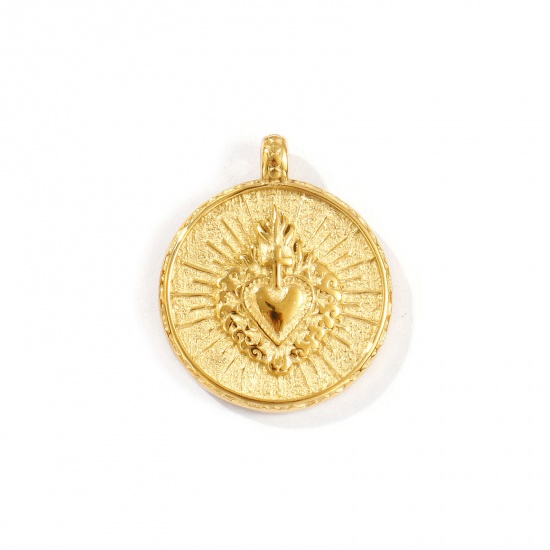 Picture of 1 Piece Eco-friendly PVD Vacuum Plating Waterproof Anti-Tarnish Hypoallergenic 304 Stainless Steel Religious Charms 18K Real Gold Plated Round Disc Ex Voto Heart 21.5mm x 18mm