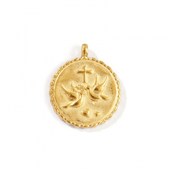 Picture of 1 Piece Eco-friendly PVD Vacuum Plating Waterproof Anti-Tarnish Hypoallergenic 304 Stainless Steel Religious Charms 18K Real Gold Plated Round Disc Pigeon 24mm x 20mm