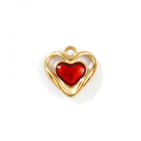 Immagine di 1 Pz Placcatura Sottovuoto PVD Ecologica Impermeabile Anti-Ossidante Ipoallergenico 304 Acciaio Inossidabile San Valentino Ciondoli 18K Vero Oro Placcato Rosso Smalto Cuore 17mm x 17mm