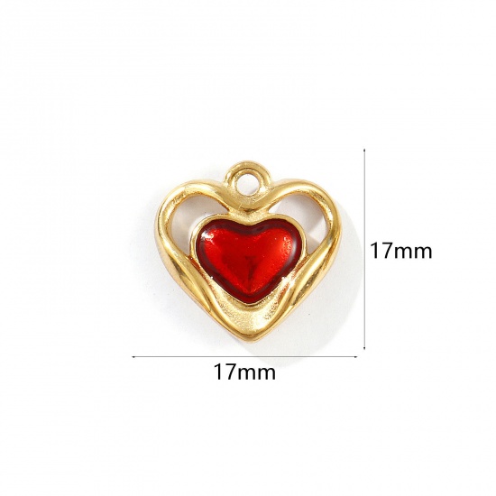 Immagine di 1 Pz Placcatura Sottovuoto PVD Ecologica Impermeabile Anti-Ossidante Ipoallergenico 304 Acciaio Inossidabile San Valentino Ciondoli 18K Vero Oro Placcato Rosso Smalto Cuore 17mm x 17mm