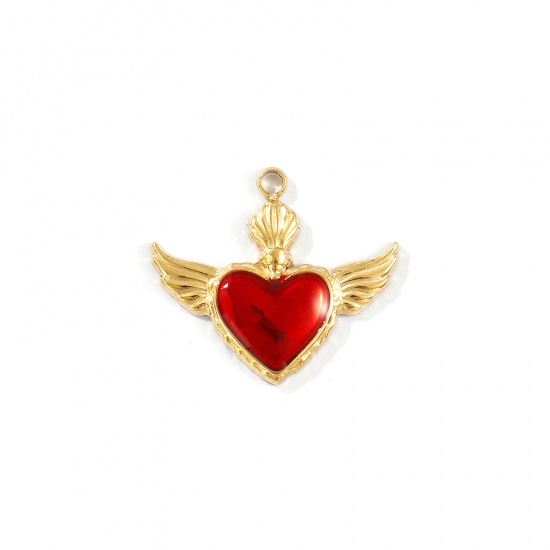 Immagine di 1 Pz Placcatura Sottovuoto PVD Ecologica Impermeabile Anti-Ossidante Ipoallergenico 304 Acciaio Inossidabile Religione Ciondoli 18K Vero Oro Placcato Rosso Smalto Ex Voto Cuore 19mm x 17mm