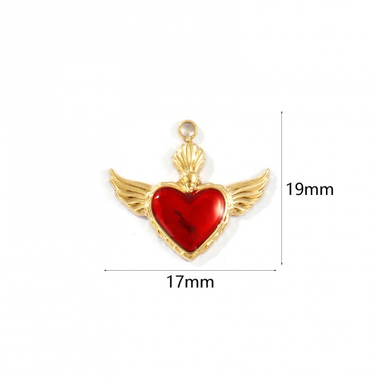 Immagine di 1 Pz Placcatura Sottovuoto PVD Ecologica Impermeabile Anti-Ossidante Ipoallergenico 304 Acciaio Inossidabile Religione Ciondoli 18K Vero Oro Placcato Rosso Smalto Ex Voto Cuore 19mm x 17mm