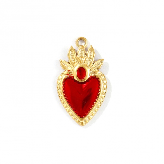 Immagine di 1 Pz Placcatura Sottovuoto PVD Ecologica Impermeabile Anti-Ossidante Ipoallergenico 304 Acciaio Inossidabile Religione Ciondoli 18K Vero Oro Placcato Rosso Smalto Ex Voto Cuore 28mm x 16mm