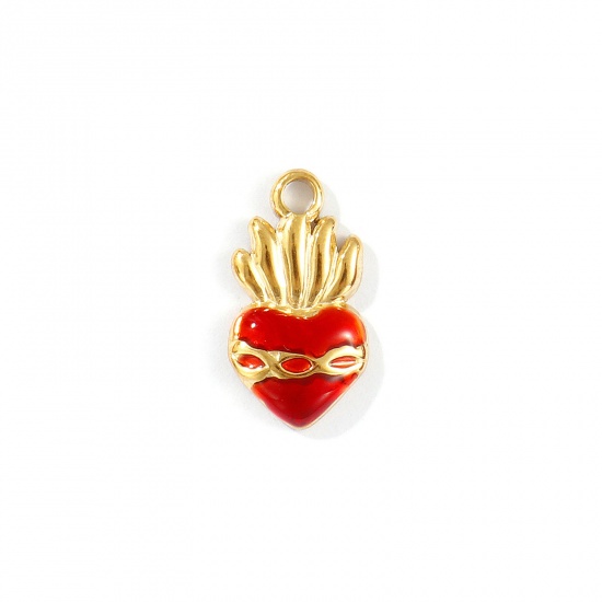 Immagine di 1 Pz Placcatura Sottovuoto PVD Ecologica Impermeabile Anti-Ossidante Ipoallergenico 304 Acciaio Inossidabile Religione Ciondoli 18K Vero Oro Placcato Rosso Smalto Ex Voto Cuore 16.5mm x 9mm