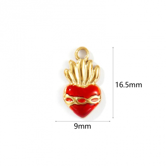 Immagine di 1 Pz Placcatura Sottovuoto PVD Ecologica Impermeabile Anti-Ossidante Ipoallergenico 304 Acciaio Inossidabile Religione Ciondoli 18K Vero Oro Placcato Rosso Smalto Ex Voto Cuore 16.5mm x 9mm