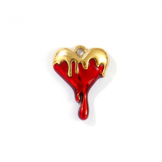 Immagine di 1 Pz Placcatura Sottovuoto PVD Ecologica Impermeabile Anti-Ossidante Ipoallergenico 304 Acciaio Inossidabile San Valentino Ciondoli 18K Vero Oro Placcato Rosso Smalto Cuore 22mm x 17mm