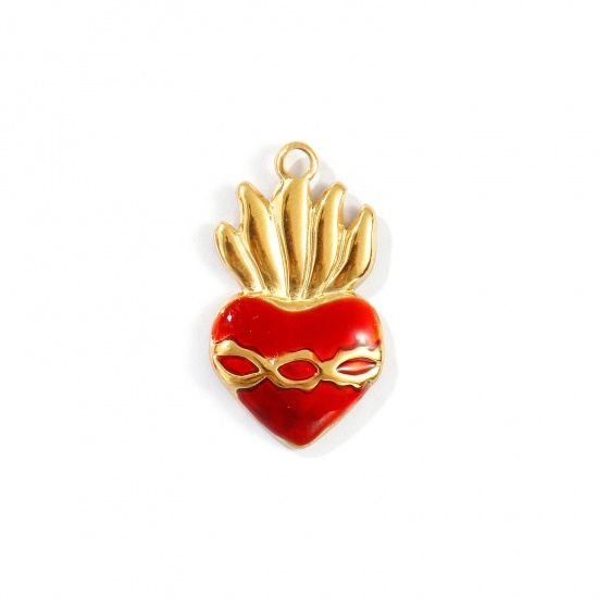 Immagine di 1 Pz Placcatura Sottovuoto PVD Ecologica Impermeabile Anti-Ossidante Ipoallergenico 304 Acciaio Inossidabile Religione Ciondoli 18K Vero Oro Placcato Rosso Smalto Ex Voto Cuore 24mm x 14mm