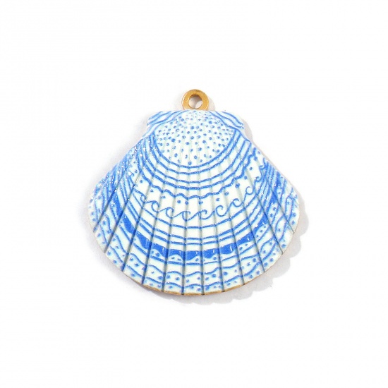 Picture of 2 PCs Eco-friendly PVD Vacuum Plating Waterproof Anti-Tarnish Hypoallergenic 304 Stainless Steel Ocean Jewelry Pendants 18K Real Gold Plated Blue Shell Printed 3.2cm x 3.2cm