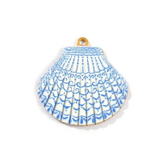 Picture of 2 PCs Eco-friendly PVD Vacuum Plating Waterproof Anti-Tarnish Hypoallergenic 304 Stainless Steel Ocean Jewelry Pendants 18K Real Gold Plated Blue Shell Printed 3.2cm x 3.2cm