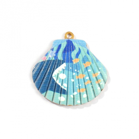 Picture of 2 PCs Eco-friendly PVD Vacuum Plating Waterproof Anti-Tarnish Hypoallergenic 304 Stainless Steel Ocean Jewelry Pendants 18K Real Gold Plated Multicolor Shell Shark Printed 3.2cm x 3.2cm