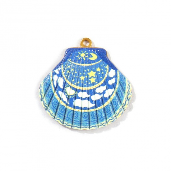 Picture of 2 PCs Eco-friendly PVD Vacuum Plating Waterproof Anti-Tarnish Hypoallergenic 304 Stainless Steel Ocean Jewelry Pendants 18K Real Gold Plated Multicolor Shell Sun & Moon Printed 3.2cm x 3.2cm