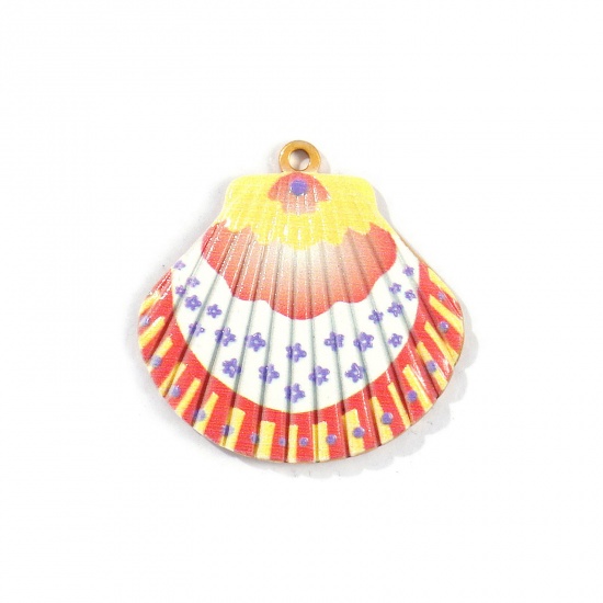 Picture of 2 PCs Eco-friendly PVD Vacuum Plating Waterproof Anti-Tarnish Hypoallergenic 304 Stainless Steel Ocean Jewelry Pendants 18K Real Gold Plated Multicolor Shell Flower Printed 3.2cm x 3.2cm