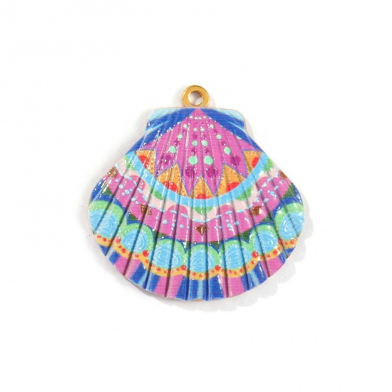 Picture of 2 PCs Eco-friendly PVD Vacuum Plating Waterproof Anti-Tarnish Hypoallergenic 304 Stainless Steel Ocean Jewelry Pendants 18K Real Gold Plated Multicolor Shell Mountain Printed 3.2cm x 3.2cm