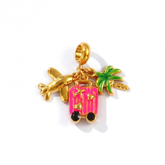 Picture of 1 Piece Eco-friendly PVD Vacuum Plating Waterproof Anti-Tarnish Hypoallergenic 304 Stainless Steel Travel Dangle Charm Beads For Bracelet Necklace Jewelry Making 18K Real Gold Plated Multicolor Enamel Luggage Trolley Suitcase 3cm