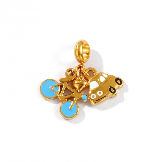 Picture of 1 Piece Eco-friendly PVD Vacuum Plating Waterproof Anti-Tarnish Hypoallergenic 304 Stainless Steel Travel Dangle Charm Beads For Bracelet Necklace Jewelry Making 18K Real Gold Plated Blue Enamel Car 27mm