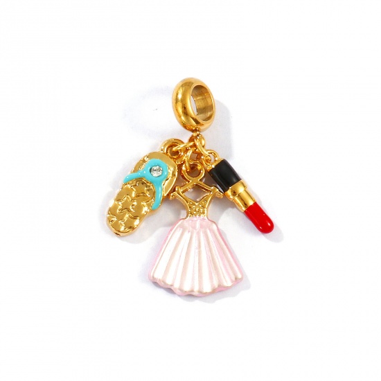 Picture of 1 Piece Eco-friendly PVD Vacuum Plating Waterproof Anti-Tarnish Hypoallergenic 304 Stainless Steel Clothes Dangle Charm Beads For Bracelet Necklace Jewelry Making 18K Real Gold Plated Multicolor Enamel Skirt Clear Rhinestone 3.2cm