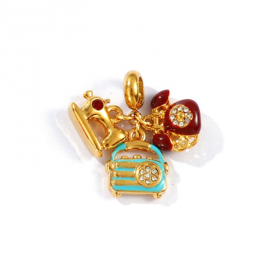 Picture of 1 Piece Eco-friendly PVD Vacuum Plating Waterproof Anti-Tarnish Hypoallergenic 304 Stainless Steel Dangle Charm Beads For Bracelet Necklace Jewelry Making 18K Real Gold Plated Green Blue Enamel Telephone Clear Rhinestone 26mm