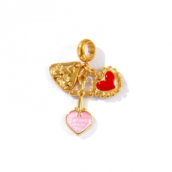 Picture of 1 Piece Eco-friendly PVD Vacuum Plating Waterproof Anti-Tarnish Hypoallergenic 304 Stainless Steel Religious Dangle Charm Beads For Bracelet Necklace Jewelry Making 18K Real Gold Plated Red Enamel Ex Voto Heart 3.3cm