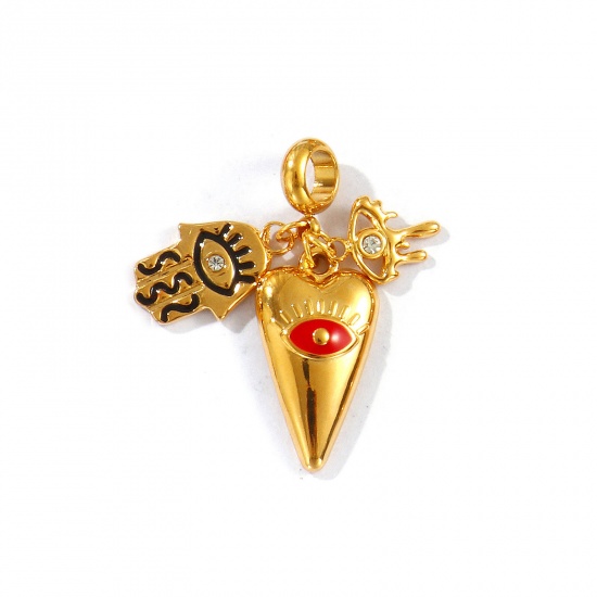 Picture of 1 Piece Eco-friendly PVD Vacuum Plating Waterproof Anti-Tarnish Hypoallergenic 304 Stainless Steel Religious Dangle Charm Beads For Bracelet Necklace Jewelry Making 18K Real Gold Plated Red Enamel Hamsa Symbol Hand Clear Rhinestone 3.4cm