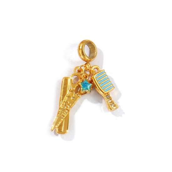 Picture of 1 Piece Eco-friendly PVD Vacuum Plating Waterproof Anti-Tarnish Hypoallergenic 304 Stainless Steel Dangle Charm Beads For Bracelet Necklace Jewelry Making 18K Real Gold Plated Blue Enamel Comb Clear Rhinestone 3.6cm