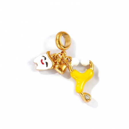Picture of 1 Piece Eco-friendly PVD Vacuum Plating Waterproof Anti-Tarnish Hypoallergenic 304 Stainless Steel Medical Dangle Charm Beads For Bracelet Necklace Jewelry Making 18K Real Gold Plated Yellow Enamel Stethoscope Clear Rhinestone 3.2cm