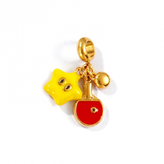 Picture of 1 Piece Eco-friendly PVD Vacuum Plating Waterproof Anti-Tarnish Hypoallergenic 304 Stainless Steel Sport Dangle Charm Beads For Bracelet Necklace Jewelry Making 18K Real Gold Plated Red Enamel Table Tennis Paddle Bat 27mm