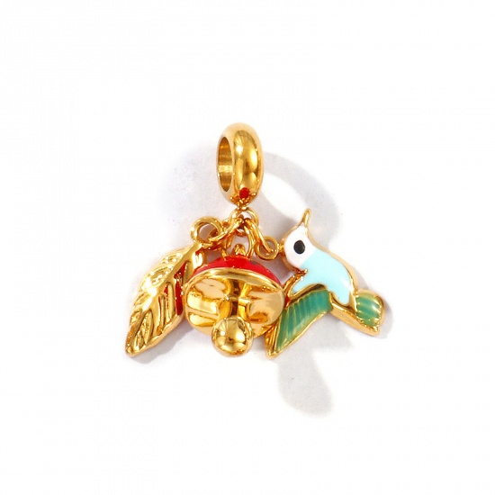 Picture of 1 Piece Eco-friendly PVD Vacuum Plating Waterproof Anti-Tarnish Hypoallergenic 304 Stainless Steel Dangle Charm Beads For Bracelet Necklace Jewelry Making 18K Real Gold Plated Multicolor Enamel Hummingbird 24mm