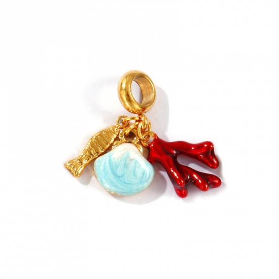 Picture of 1 Piece Eco-friendly PVD Vacuum Plating Waterproof Anti-Tarnish Hypoallergenic 304 Stainless Steel Ocean Jewelry Dangle Charm Beads For Bracelet Necklace Jewelry Making 18K Real Gold Plated Blue Enamel Shell 28mm