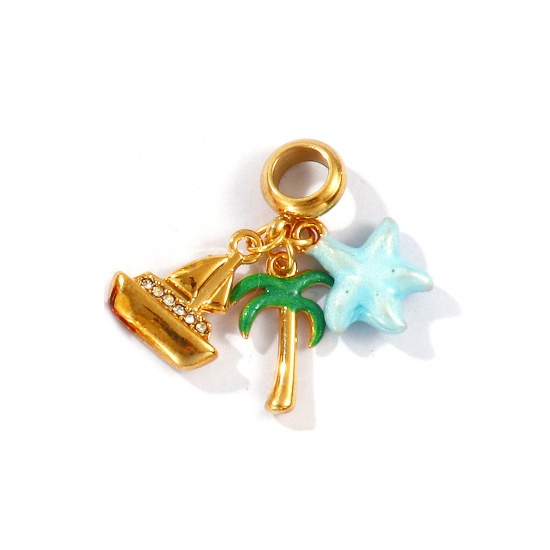 Picture of 1 Piece Eco-friendly PVD Vacuum Plating Waterproof Anti-Tarnish Hypoallergenic 304 Stainless Steel Ocean Jewelry Dangle Charm Beads For Bracelet Necklace Jewelry Making 18K Real Gold Plated Green Enamel Coconut Palm Tree Clear Rhinestone 26mm