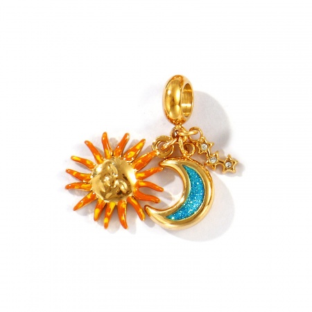 Immagine di 1 Pz Placcatura Sottovuoto PVD Ecologica Impermeabile Anti-Ossidante Ipoallergenico 304 Acciaio Inossidabile Galassia Perle Di Fascino Pendenti 18K Vero Oro Placcato Verde Blu Smalto Sole & Luna Trasparente Strass 3cm