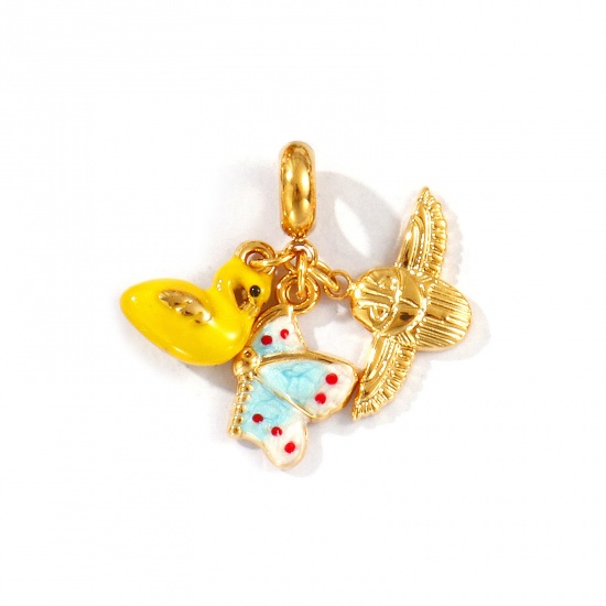 Picture of 1 Piece Eco-friendly PVD Vacuum Plating Waterproof Anti-Tarnish Hypoallergenic 304 Stainless Steel Dangle Charm Beads For Bracelet Necklace Jewelry Making 18K Real Gold Plated Multicolor Enamel Butterfly Animal 27mm