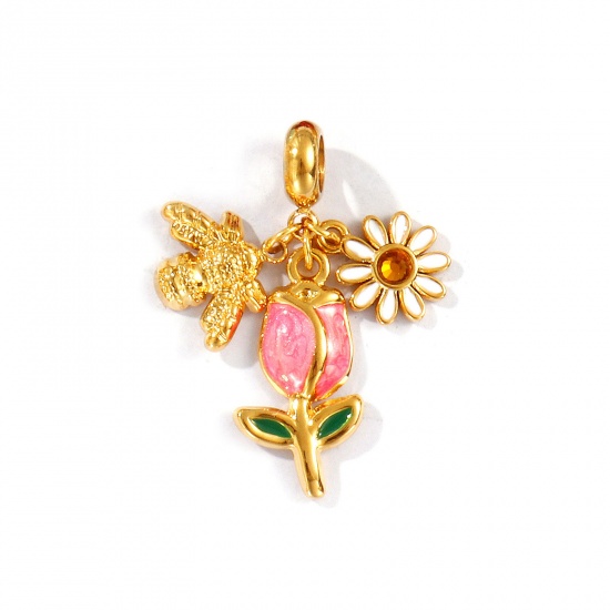 Picture of 1 Piece Eco-friendly PVD Vacuum Plating Waterproof Anti-Tarnish Hypoallergenic 304 Stainless Steel Insect Dangle Charm Beads For Bracelet Necklace Jewelry Making 18K Real Gold Plated Multicolor Enamel Tulip Flower Clear Rhinestone 3.4cm