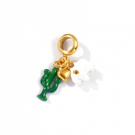 Picture of 1 Piece Eco-friendly PVD Vacuum Plating Waterproof Anti-Tarnish Hypoallergenic 304 Stainless Steel Pet Silhouette Dangle Charm Beads For Bracelet Necklace Jewelry Making 18K Real Gold Plated Green Enamel Cactus 26mm